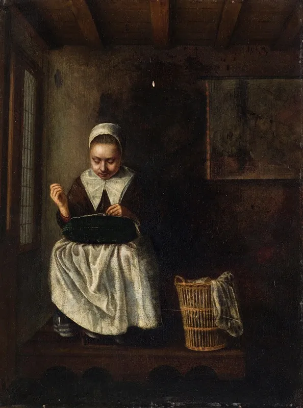 A Girl Sewing Wall Art by Nicolaes Maes - High-Resolution Digital Print