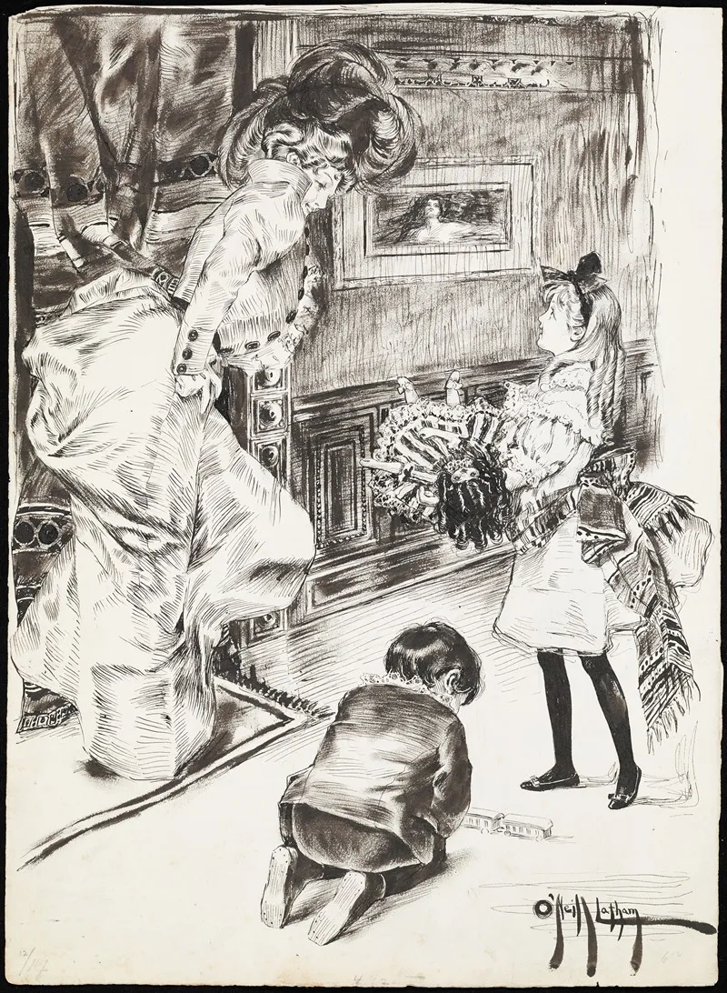 A Girl Shows Her Doll To A Woman While A Boy Plays With A Toy Train On The Floor Wall Art by Rose Cecil O'Neill - High-Resolution Digital Print