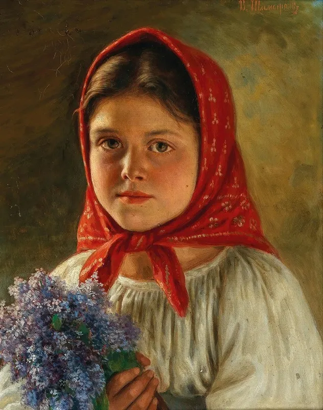 A Girl With A Bouquet Of Lilacs Wall Art by Vasili Timofeevich Timofeev - High-Resolution Digital Print