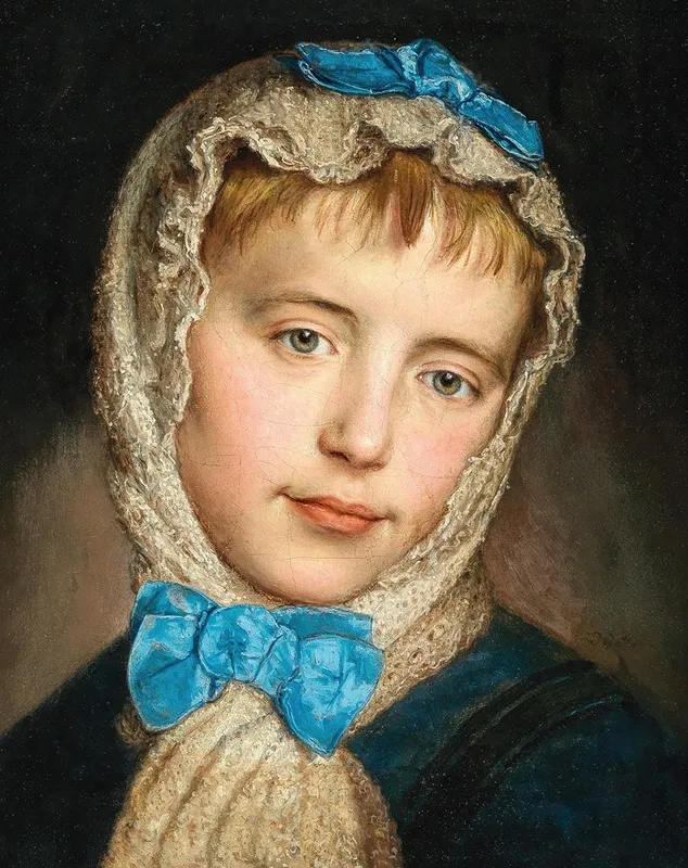 A Girl With Lace Headscarf And Blue Bows Wall Art by Johann Baptist Reiter - High-Resolution Digital Print