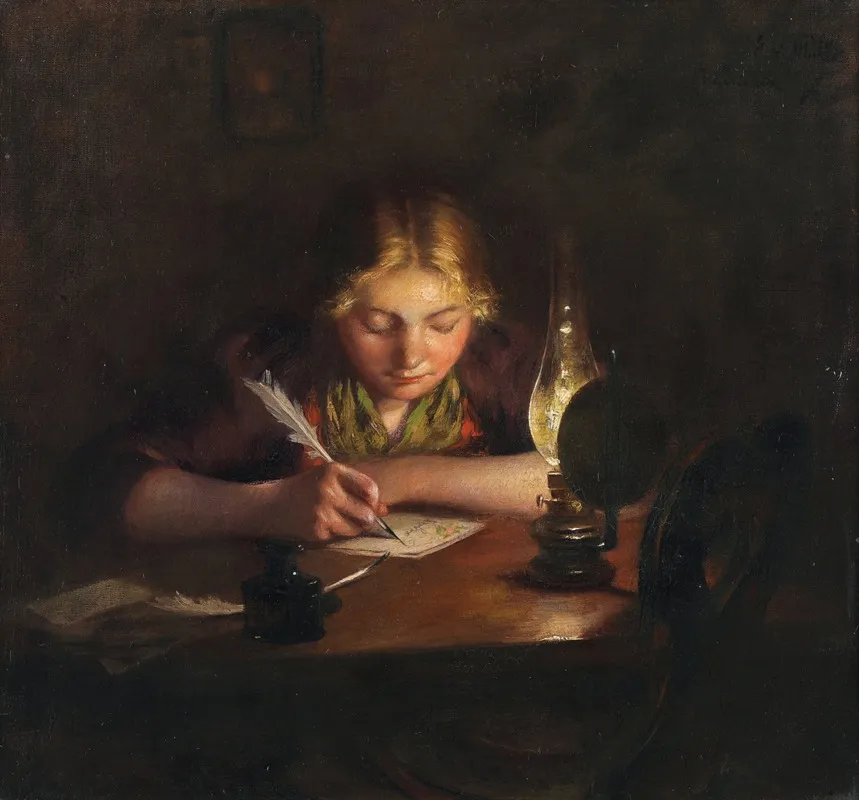 A Girl Writing By Lamp Light Wall Art by Emma von Müller - High-Resolution Digital Print