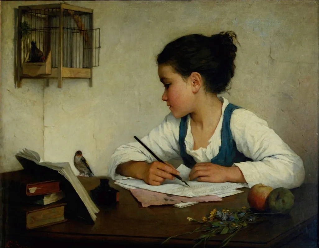 A Girl Writing The Pet Goldfinch Wall Art by Henriette Browne - High-Resolution Digital Print