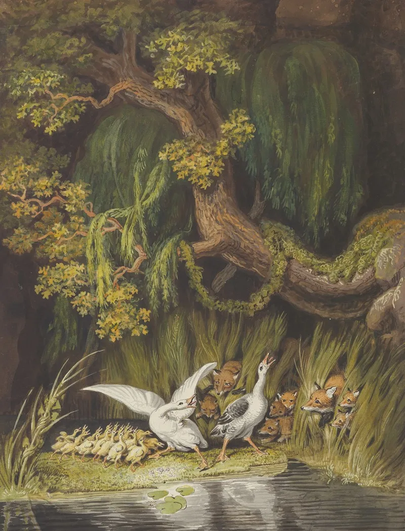A Goose And A Gander With Their Goslings Honking In Alarm As Two Foxes With Their Cubs Emerge From The Rushes Wall Art by Johann Heinrich Wilhelm Tischbein - High-Resolution Digital Print