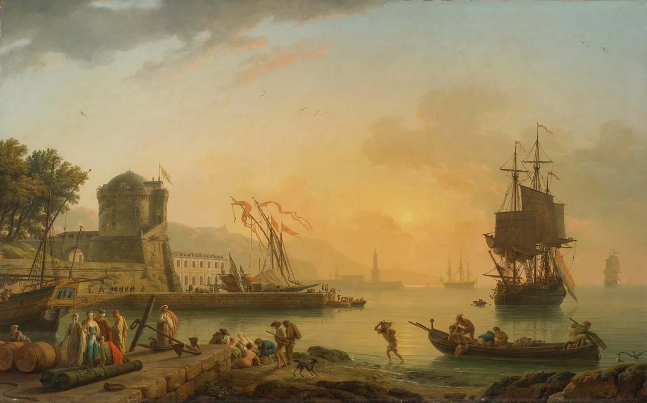 A Grand View Of The Sea Shore Enriched With Buildings Shipping And Figures