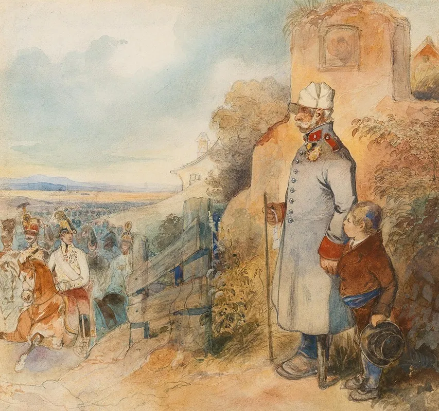 A Grandfather And His Grandson Observing Archduke Karl Of Austria Teschen In The Uniform Of A General After The The Victorious Battle Of Aspern Wall Art by Friedrich Johann Treml - High-Resolution Digital Print