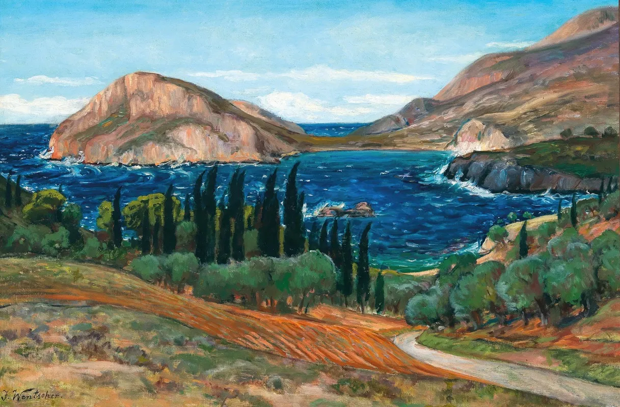 A Greek Coastal Landscape Near Vlicho On Lefkada Wall Art by Julius Wentscher - High-Resolution Digital Print
