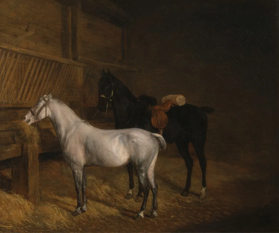 A Grey Pony And A Black Charger In A Stable Wall Art by Jacques-Laurent Agasse - High-Resolution Digital Print