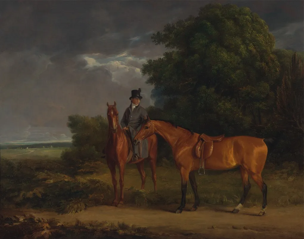 A Groom Mounted On A Chestnut Hunter He Holds A Bay Hunter By The Reins Wall Art by Jacques-Laurent Agasse - High-Resolution Digital Print
