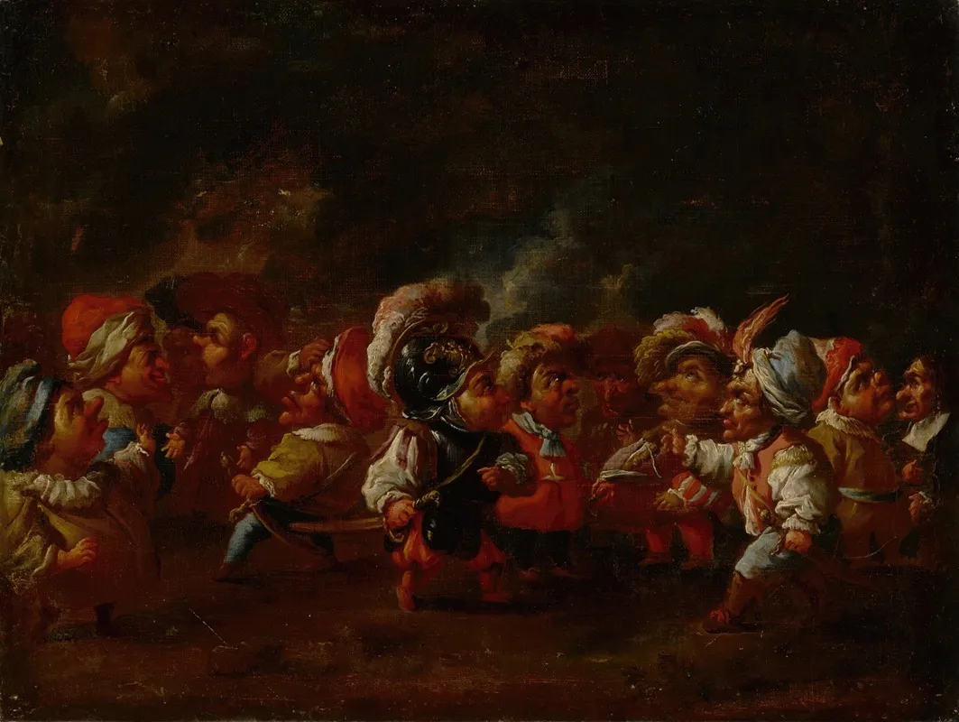 A Group Of Costumed Dwarfs In Conversation And Preparing For A Battle Wall Art by Faustino Bocchi - High-Resolution Digital Print