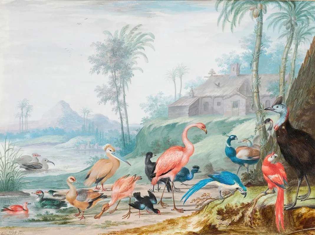 A Group Of Exotic Birds In A Landscape Beneath Palm Trees A Building And Mountains Beyond Wall Art by Johannes van Bronckhorst - High-Resolution Digital Print