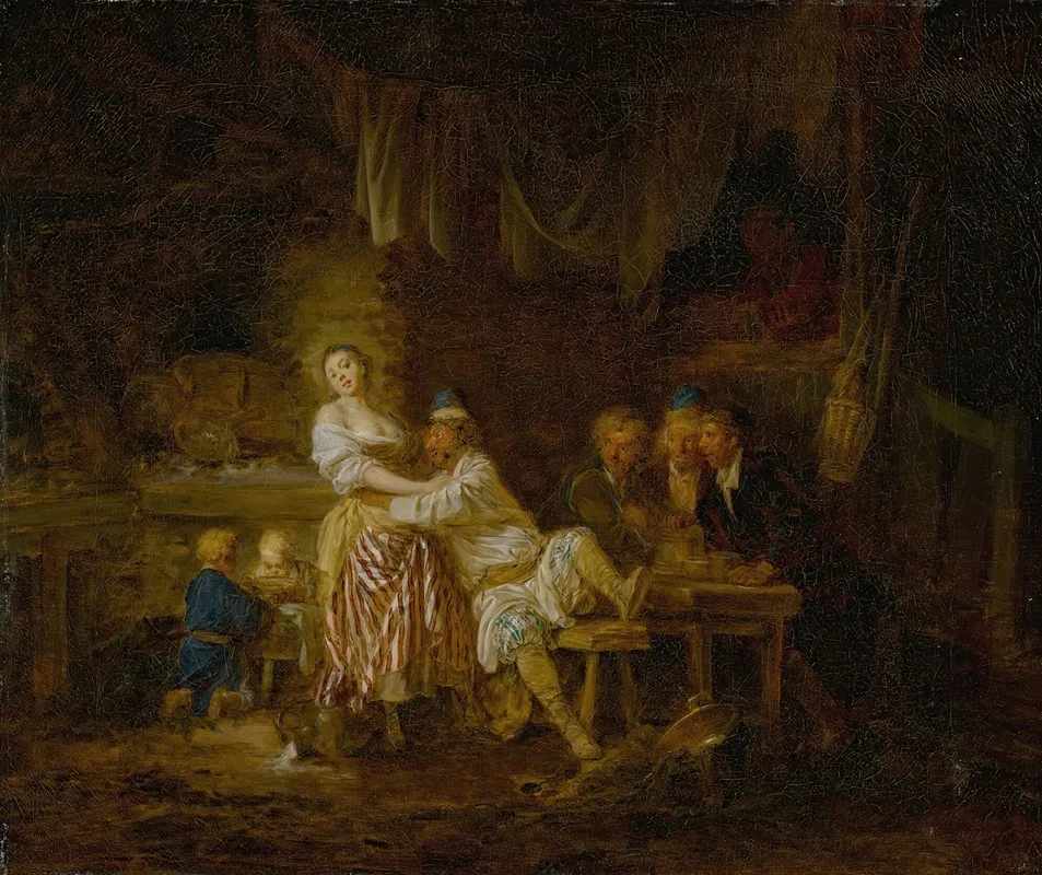 A Group Of Figures Gathered In A Tavern With A Barmaid And Lustful Patron At Center Wall Art by Jean-Baptiste Leprince - High-Resolution Digital Print