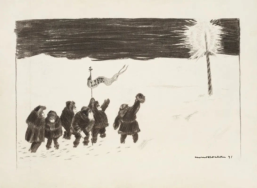 A Group Of Men Carrying A Life Flag Walk Across The Snow Towards A Glowing Pole Probably Representing The North Pole