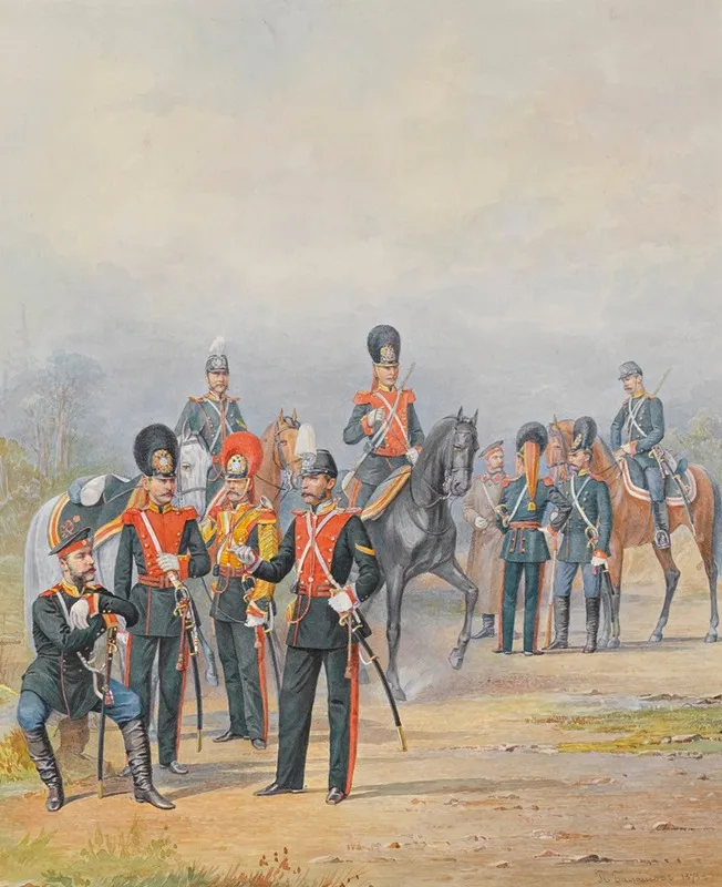A Group Of Officers And Men Of The Life Guards Dragoon Regiment Wall Art by Piotr Ivanovich Balashov - High-Resolution Digital Print