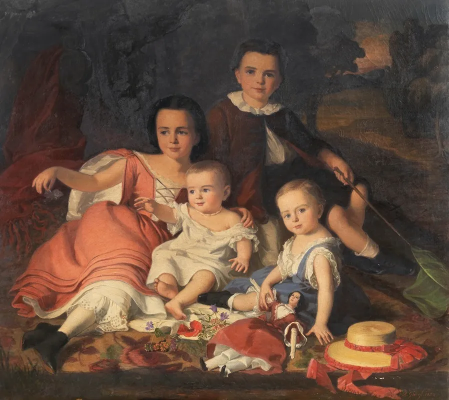 A Group Portrait With Four Children In A Landscape Wall Art by Alajos Györgyi Giergl - High-Resolution Digital Print