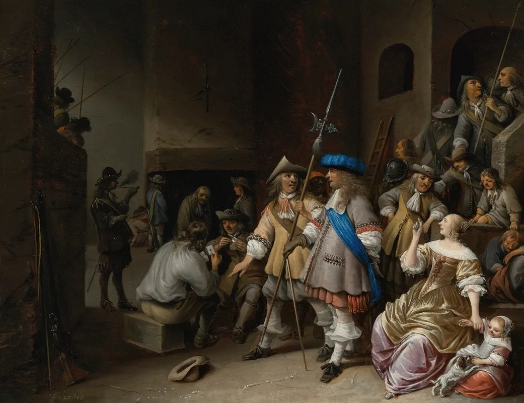 A Guardroom Interior With A Company Of Pikemen Card Players And A Woman With A Child Wall Art by Anthonie Palamedesz. - High-Resolution Digital Print