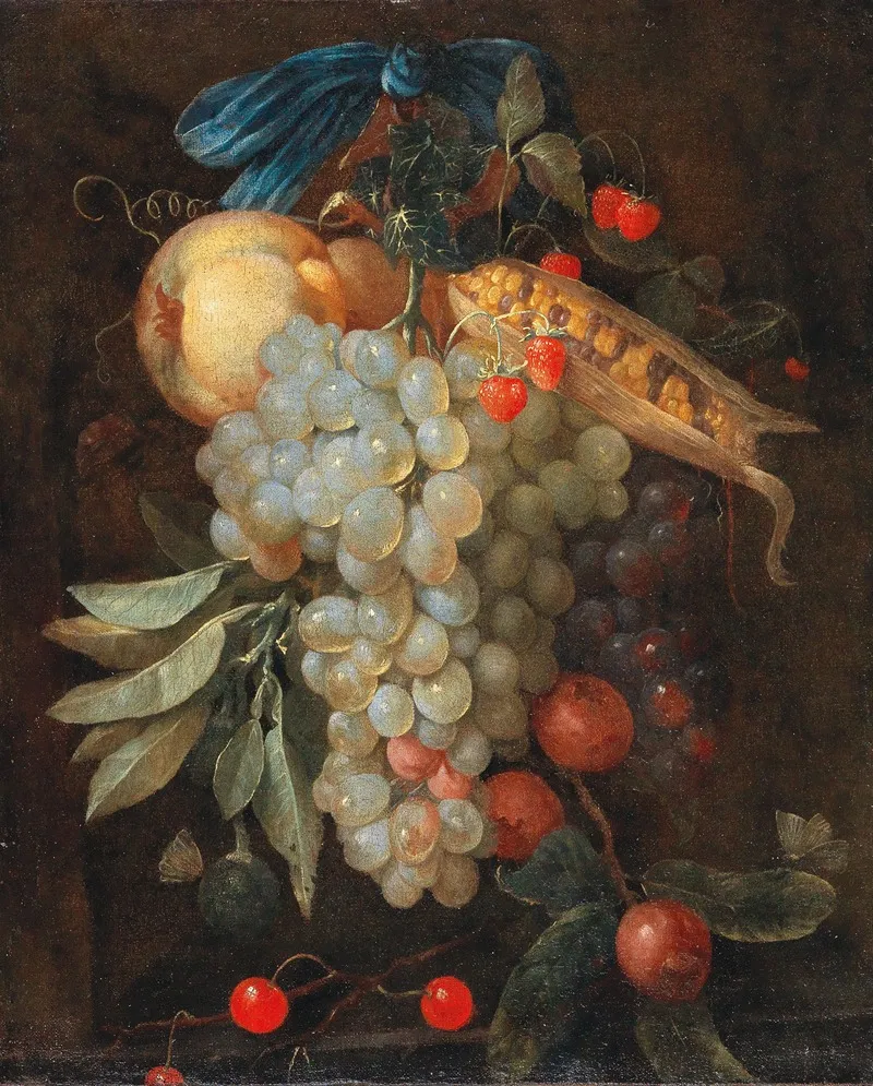 A Hanging Bouquet Of Fruit Including Grapes A Pear And Corn On The Cob With Butterflies Wall Art by Joris van Son - High-Resolution Digital Print