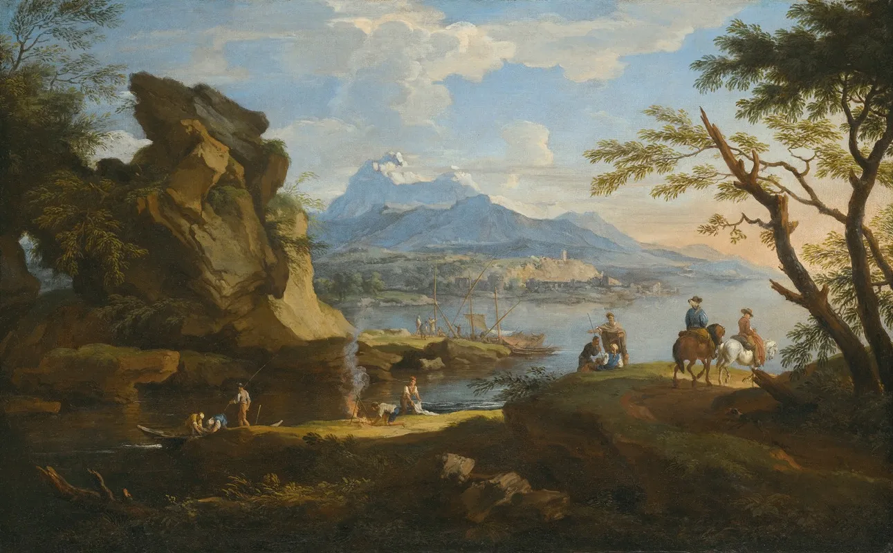 A Harbour Scene With Fishermen Returning To Shore Some Travellers Setting Up Camp And Two Riders On A Pass Mountains Beyond Wall Art by Jacob de Heusch - High-Resolution Digital Print