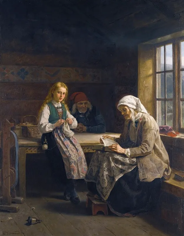 A Hardanger Interior Young Girl Knitting Wall Art by Adolph Tidemand - High-Resolution Digital Print