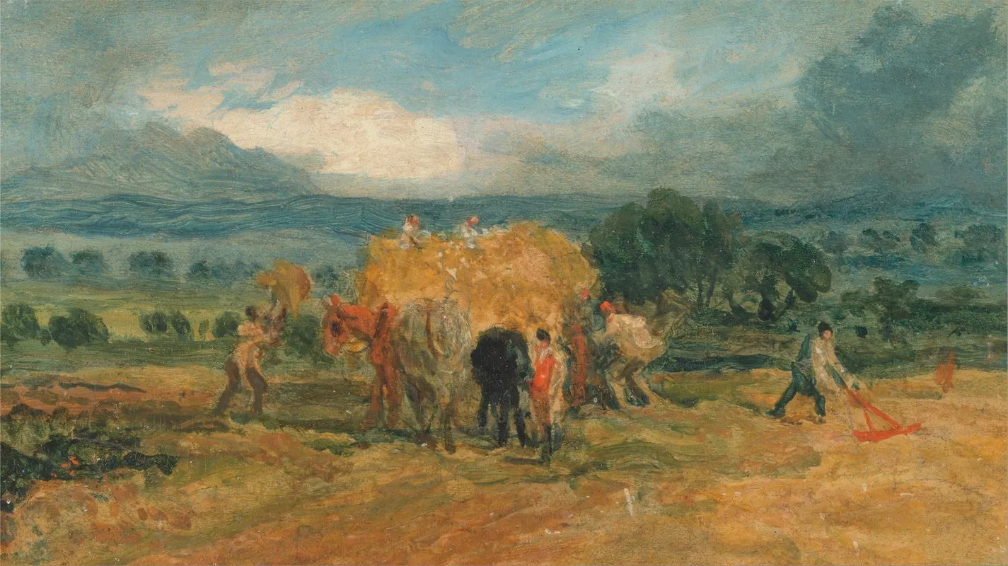 A Harvest Scene With Workers Loading Hay On To A Farm Wagon Wall Art by James Ward - High-Resolution Digital Print
