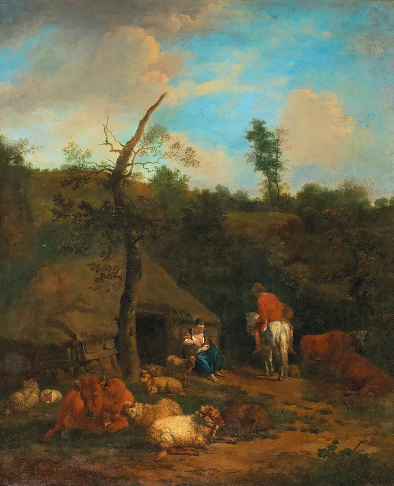 A Herdsman And A Shepherdess In Front Of A Wooden Farmhouse