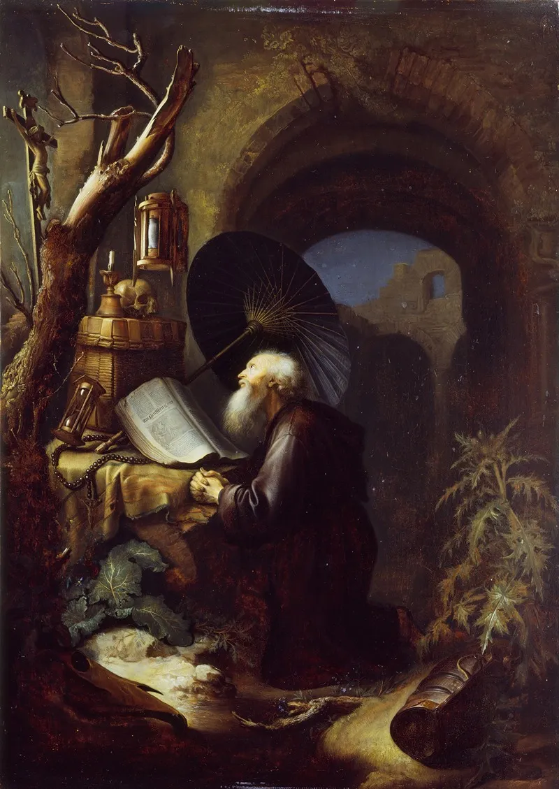 A Hermit At Prayer Wall Art by Studio of Gerrit Dou - High-Resolution Digital Print