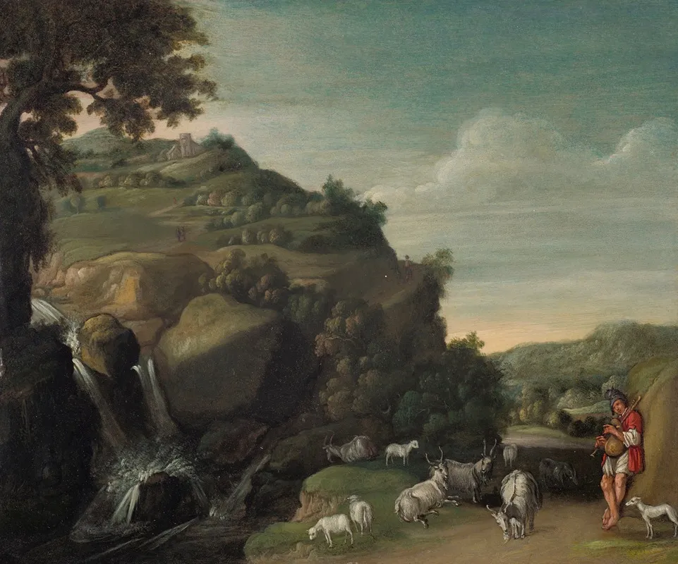 A Hilly Landscape With A Waterfall And A Goatherd Wall Art by Jacob Symonsz. Pynas - High-Resolution Digital Print