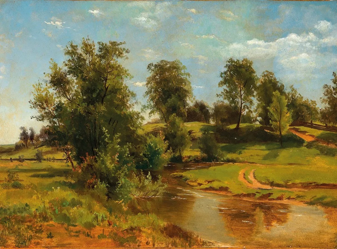 A Hilly Landscape With Creek Wall Art by Tina Blau - Canvas Print
