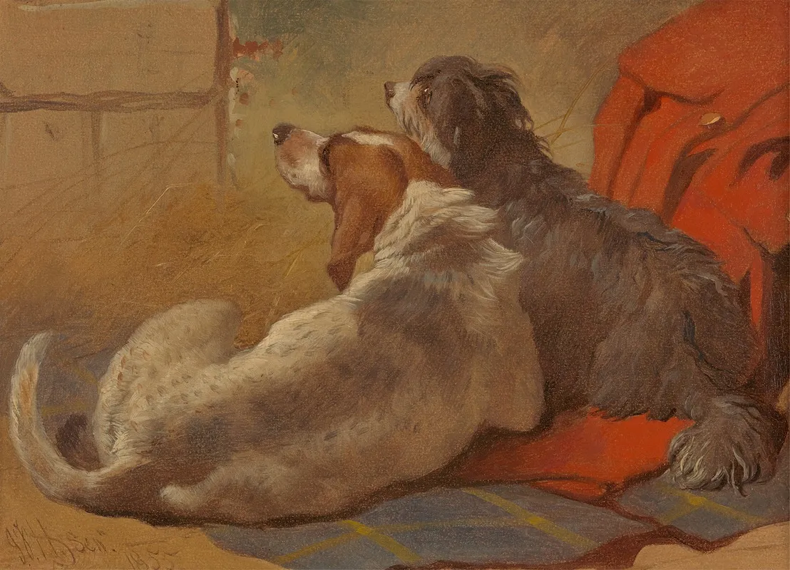 A Hound And A Bearded Collie Seated On A Hunting Coat Wall Art by John Frederick Herring Snr. - High-Resolution Digital Print