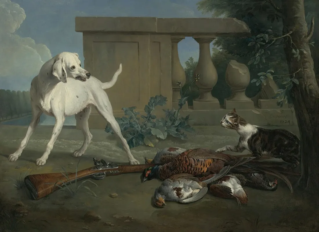 A Hound Protecting A Bag Of Game From A Cat Wall Art by Alexandre François Desportes - High-Resolution Digital Print