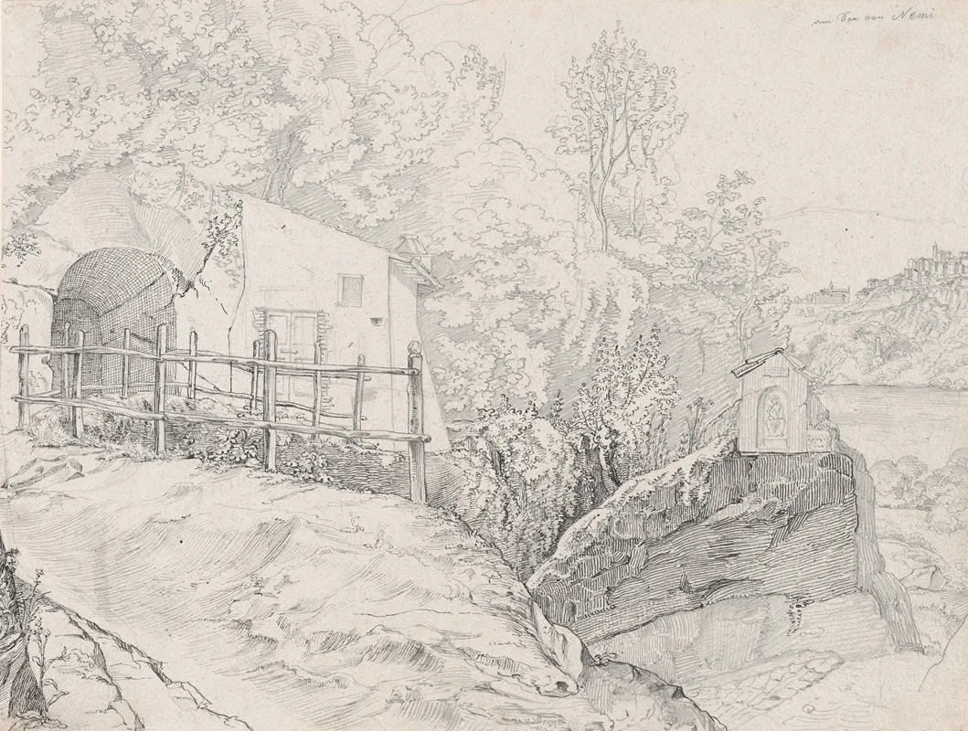 A House Near A Grotto And A Roadside Chapel At Lake Nemi With A View Of Genzano From The North