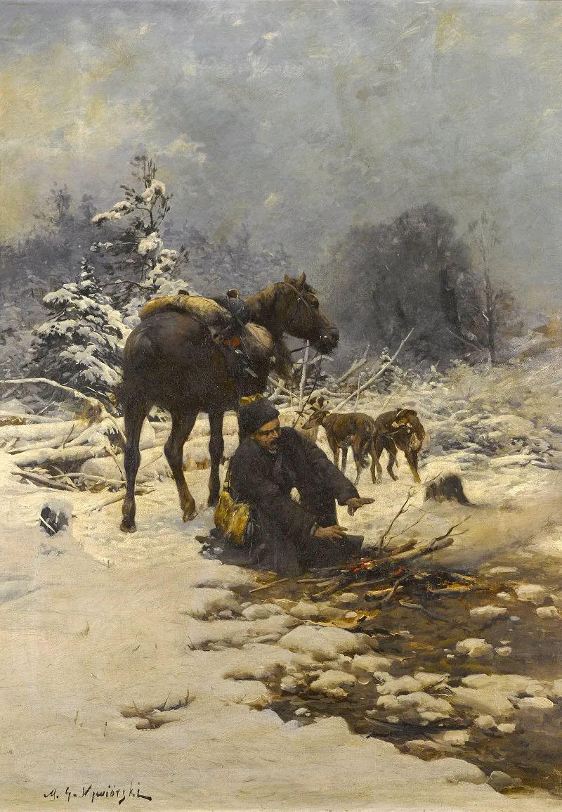 A Hunter In The Snow Warming His Hands By A Fire Wall Art by Michał Gorstkin-Wywiórski - High-Resolution Digital Print