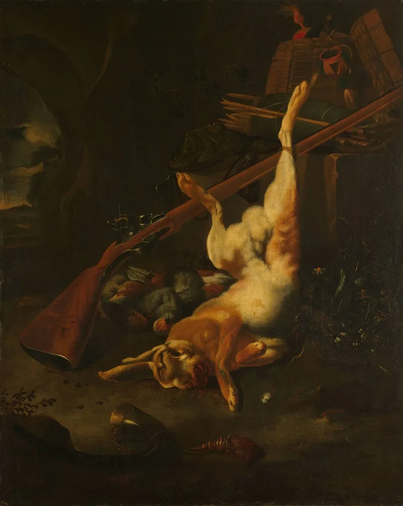 A Hunters Bag With Dead Hare Wall Art by Melchior d'Hondecoeter - High-Resolution Digital Print
