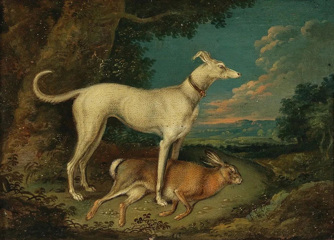 A Hunting Dog With A Rabbit Wall Art by Anton Enzinger - High-Resolution Digital Print