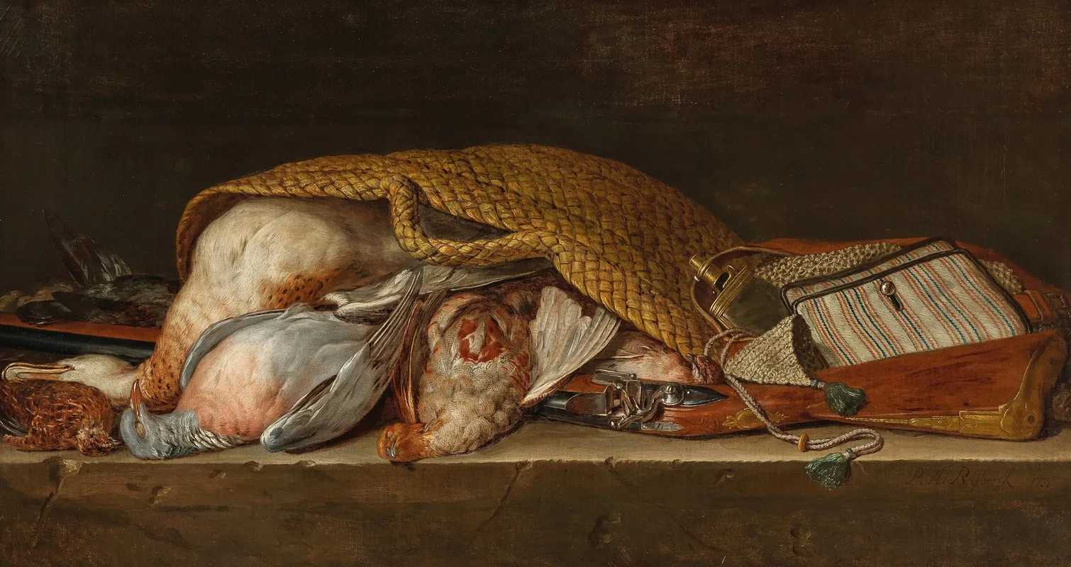 A Hunting Still Life With Fowl In A Wicker Basket Wall Art by Pieter Andreas Rysbraeck II - High-Resolution Digital Print