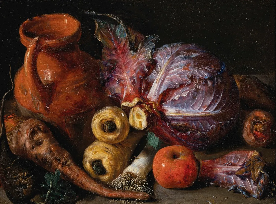 A Jug A Cabbage And Carrots On A Ledge Wall Art by Pieter Snyers - High-Resolution Digital Print