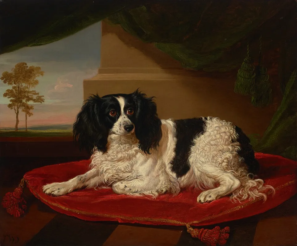 A King Charles Spaniel On A Red Cushion 2 Wall Art by James Ward - High-Resolution Digital Print