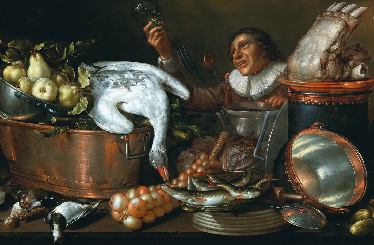 A Kitchen Interior With A Drinker Copper And Tin Vessels Game And Fruit Wall Art by Cornelis Jacobsz. Delff - High-Resolution Digital Print