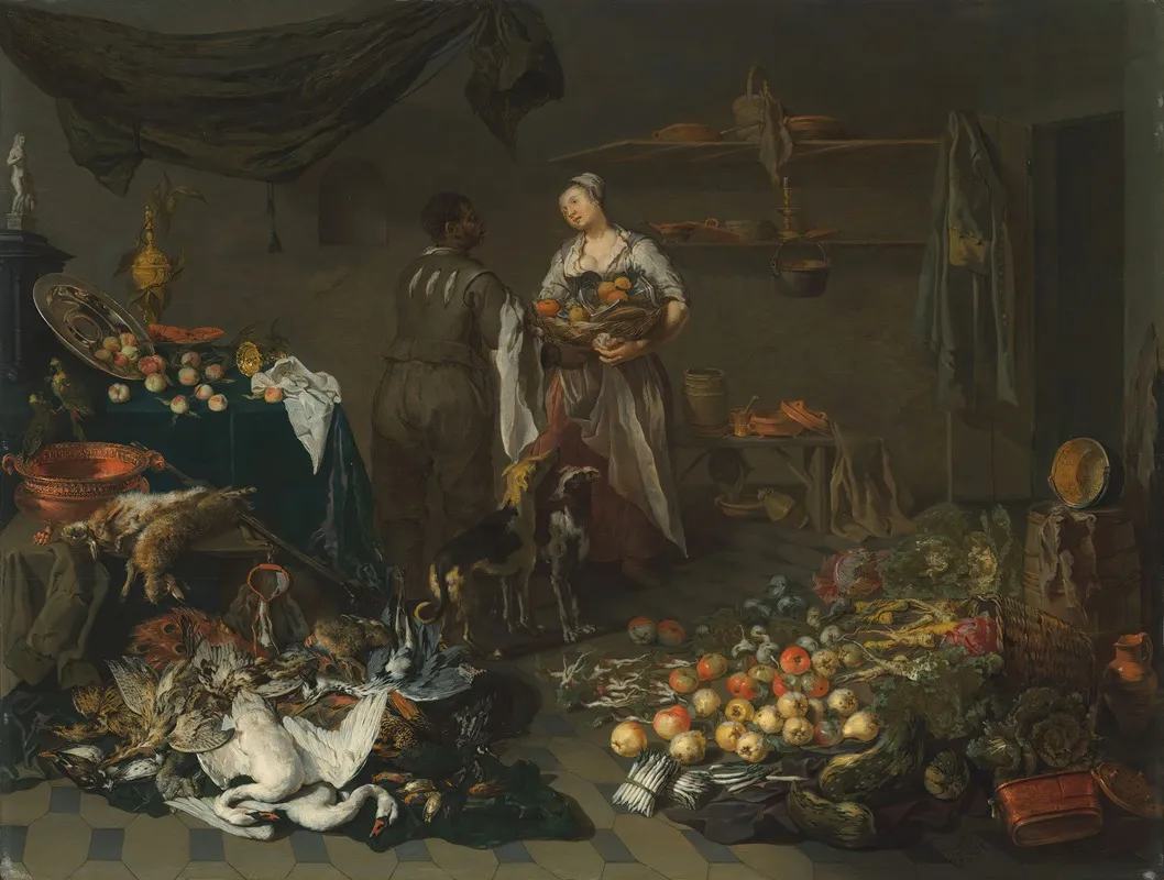 A Kitchen Interior With A Maid And A Servant Conversing Wall Art by Jan Van Kessel The Elder - High-Resolution Digital Print