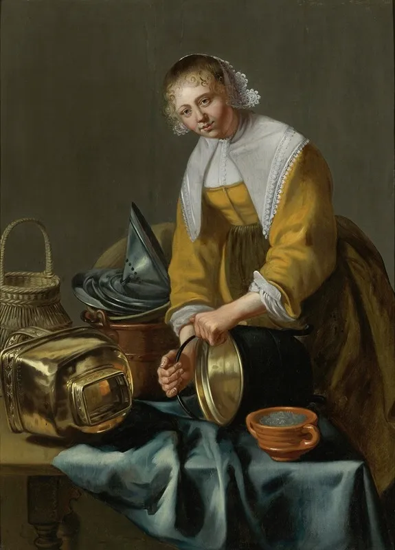A Kitchen Maid Standing By A Table With Copper Pots Pewter Plates And Other Objects Wall Art by Willem van Odekercken - High-Resolution Digital Print