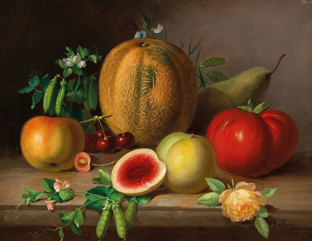 A Kitchen Still Life With Melon Tomato Apples Pears And Flowering Pea Pods Wall Art by Johann Georg Seitz - High-Resolution Digital Print