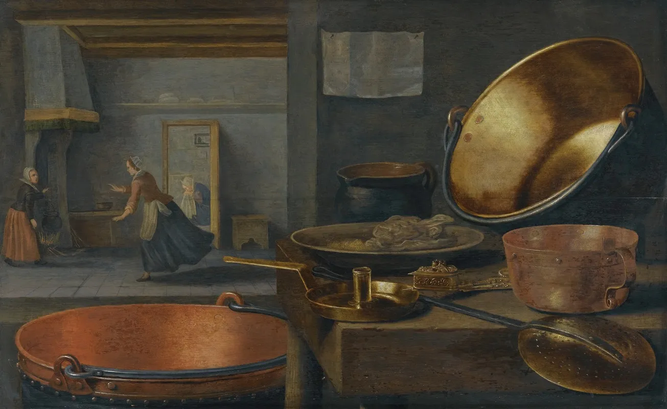 A Kitchen Still Life With Pots And Pans On A Stone Ledge And Animated Figures In The Background Wall Art by Floris van Schooten - High-Resolution Digital Print