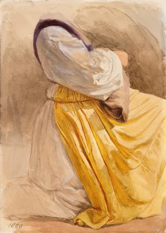 A Kneeling Woman With A Yellow Dress Wall Art by Frederic William Burton - High-Resolution Digital Print