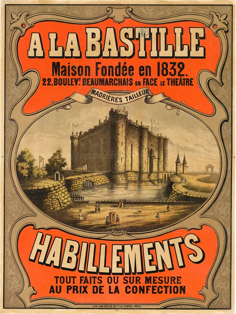 A La Bastille Maison Fondee En 1832 22 Boulevd Beaumarchais En Face Le Theatre Habillements Tout Faits Ou Sur Mesure Wall Art by Lith. Van Geleyn - High-Resolution Digital Print