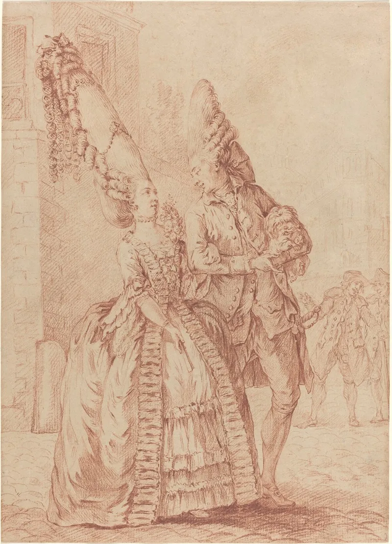 A Lady And Gentleman With Exaggerated Headdresses Wall Art by Pierre Thomas Le Clerc - High-Resolution Digital Print