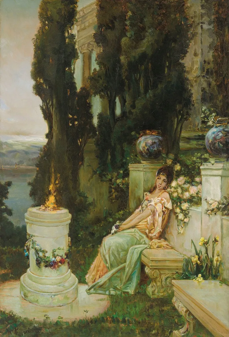 A Lady On A Marble Bench In Ancient Rome Wall Art by Vasilii Kotarbinsky - High-Resolution Digital Print