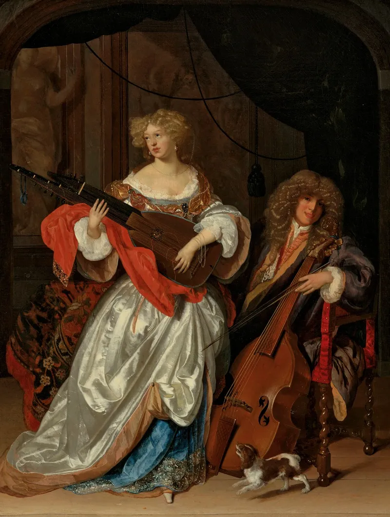 A Lady Playing A Lute And A Gentleman With A Viola Da Gamba Wall Art by Eglon van der Neer - High-Resolution Digital Print