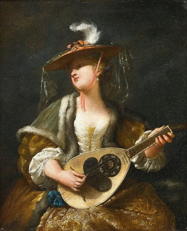 A Lady Playing A Mandolin Wall Art by Jean Barbault - High-Resolution Digital Print