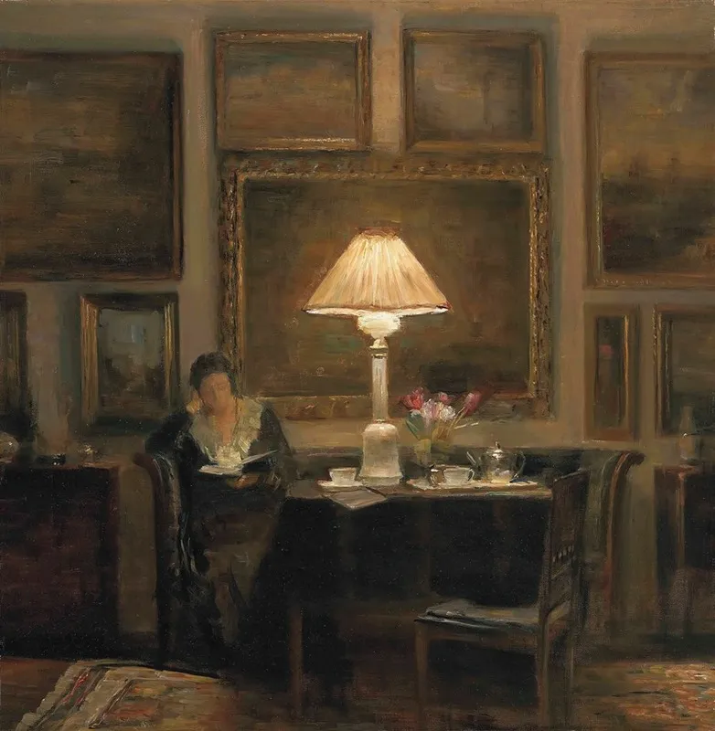 A Lady Reading By Lamplight Wall Art by Carl Holsøe - High-Resolution Digital Print