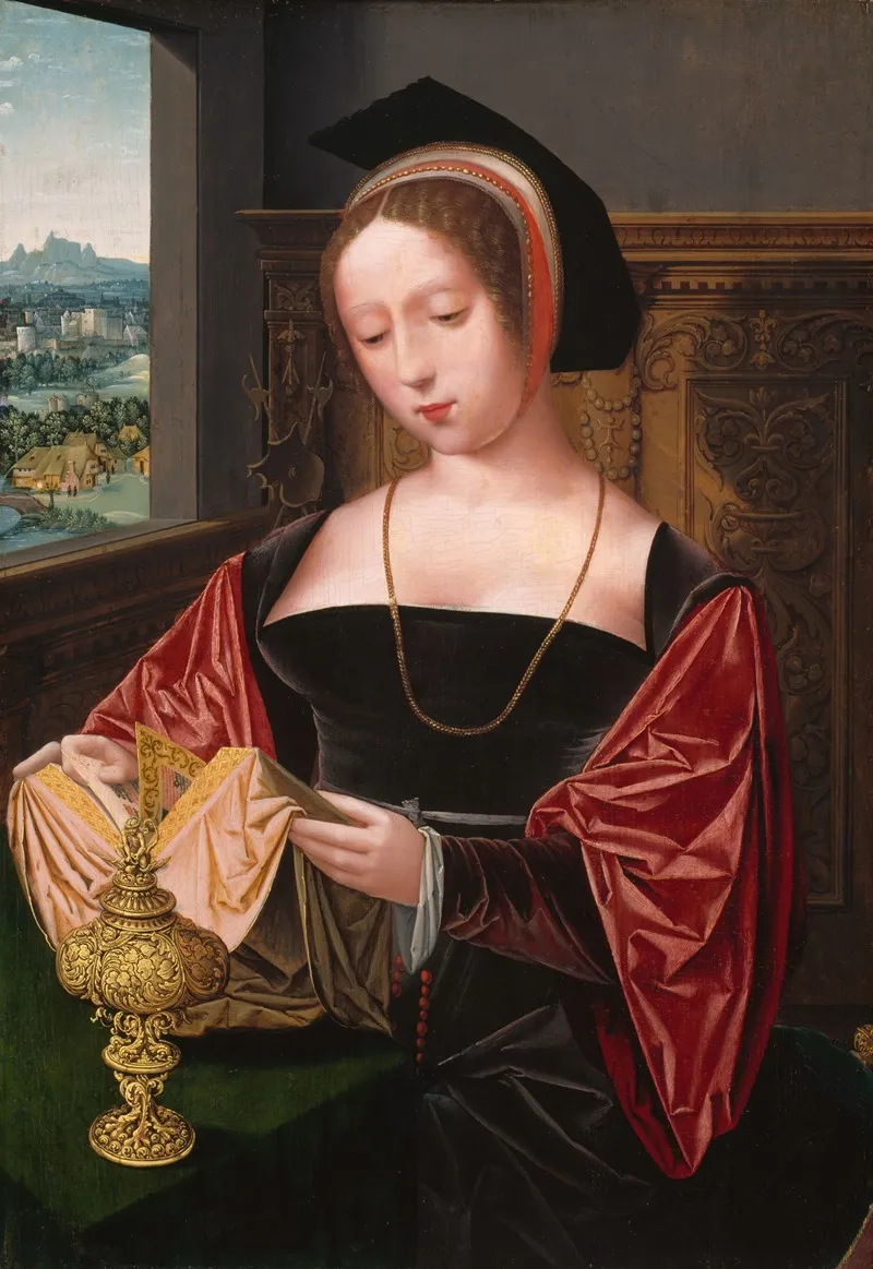 A Lady Reading Saint Mary Magdalene Wall Art by Master of the Female Half-Lengths - High-Resolution Digital Print