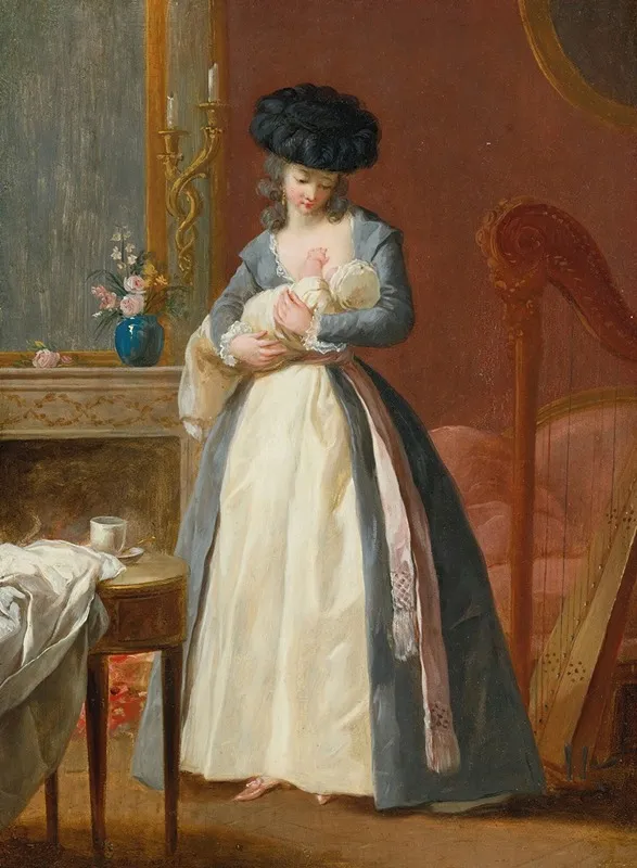 A Lady Said To Be Madame Danloux Nursing Her Child In A Drawing Room Wall Art by François-Guillaume Ménageot - High-Resolution Digital Print